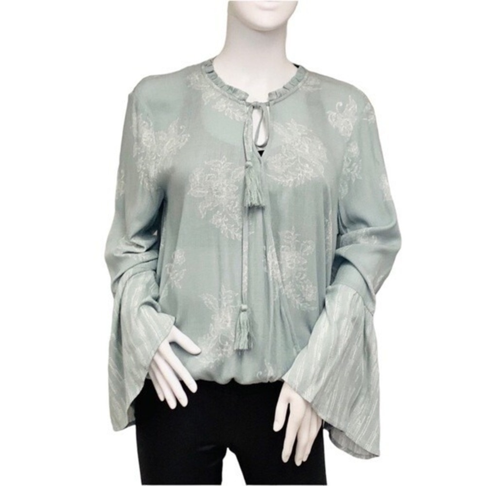 Sandy & Sid NY Mint Green Flair Bell Long Sleeve Floral Wrap Shirt Women Boho S